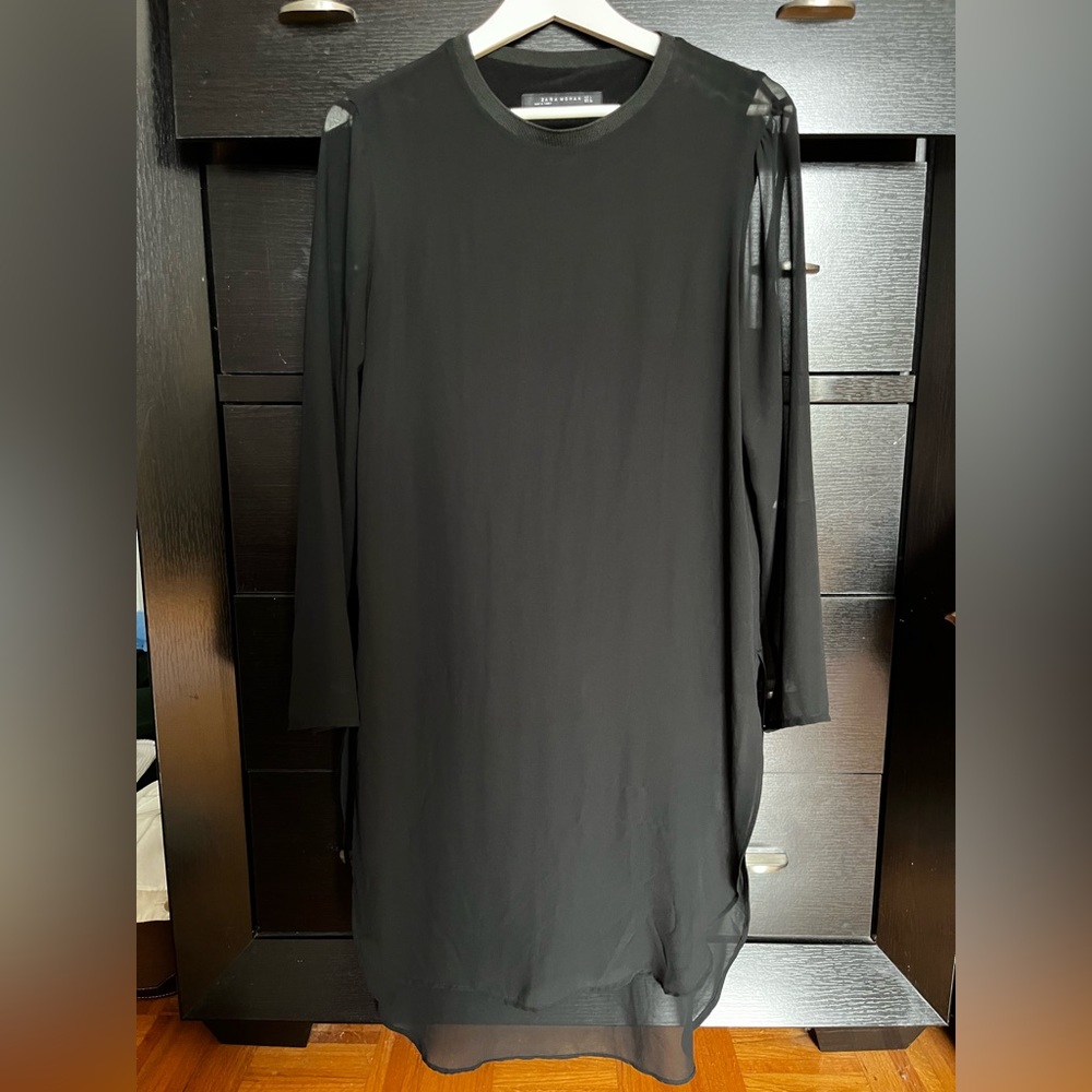 Long sleeve cotton shirt with sheer long overlay.